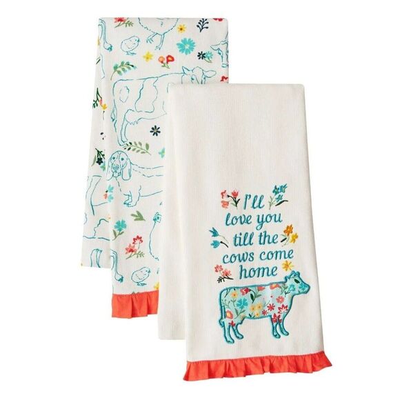 Pioneer Woman Farm Animals Kitchen Towels Applique Embroidered Cow Chicken Pig - Picture 1 of 8